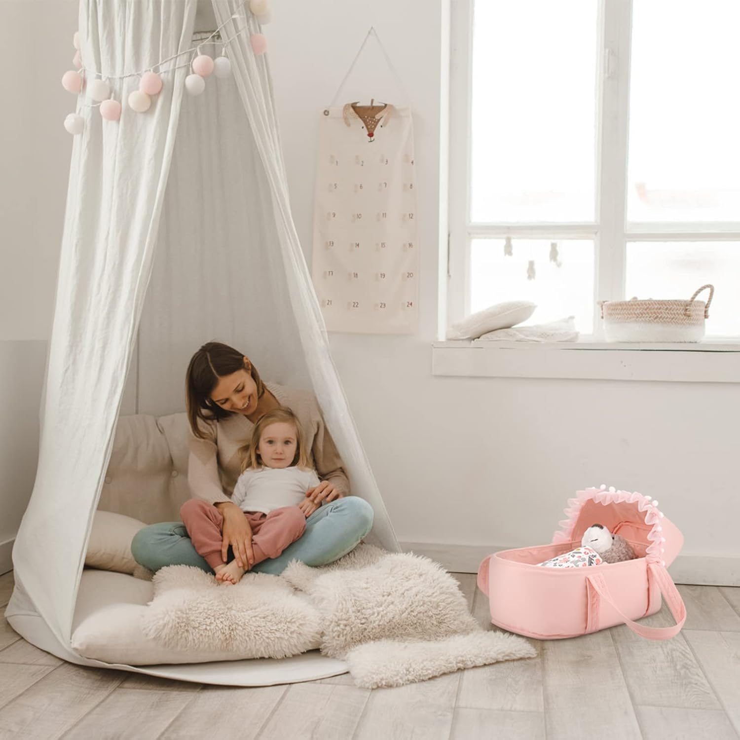 Color Pink GAGAKU Baby Doll Bassinet, Doll Carrier Doll Carry Cot Set with Canopy and Pillow Blanket for 9 10 11 12 Inch Dolls Stuffed Animals - Pink